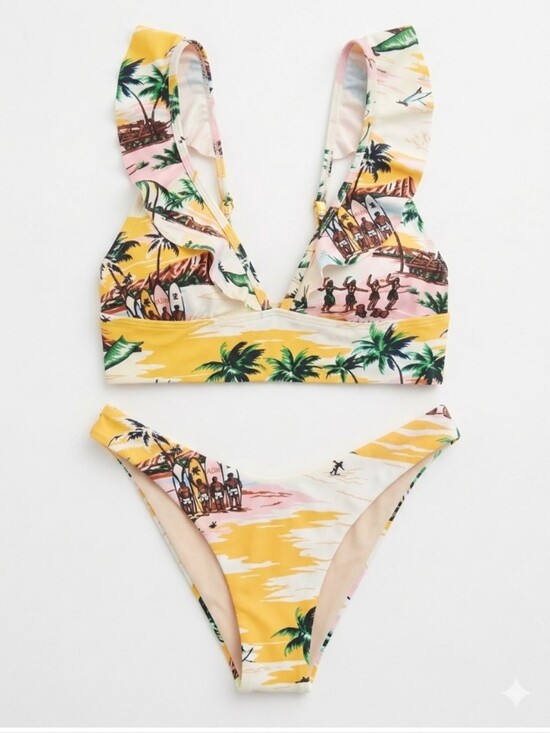 aerie Other - aerie Fun Vintage Hawaii Surf Style Print Bikini Ruffled Tropical